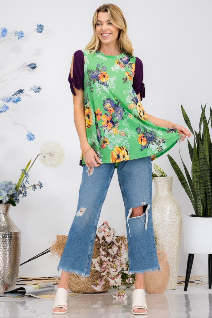 Celeste Full Size Open Tie Sleeve Round Neck Floral Blouse-100 Short Sleeve Tops-Inspired by Justeen-Women's Clothing Boutique in Chicago, Illinois