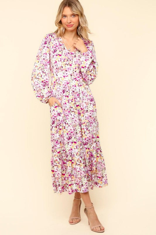 Haptics Full Size Floral V-Neck Long Sleeve Dress with Side Pockets-Dresses-Inspired by Justeen-Women's Clothing Boutique