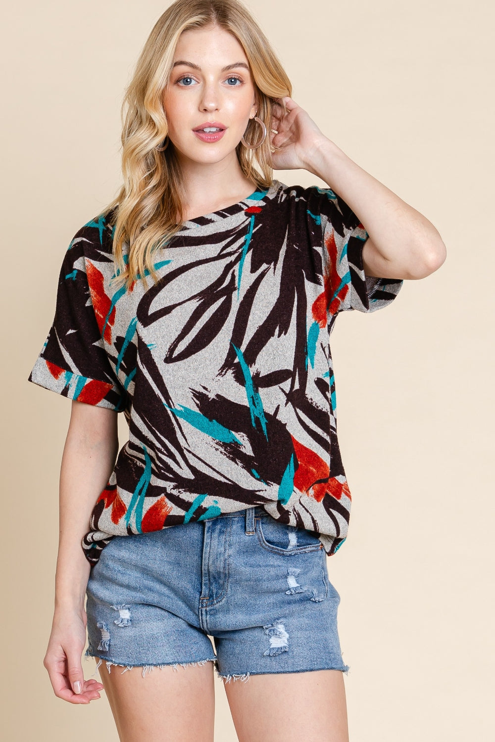 BOMBOM Printed Round Neck Short Sleeve T-Shirt-Short Sleeve Tops-Inspired by Justeen-Women's Clothing Boutique in Chicago, Illinois