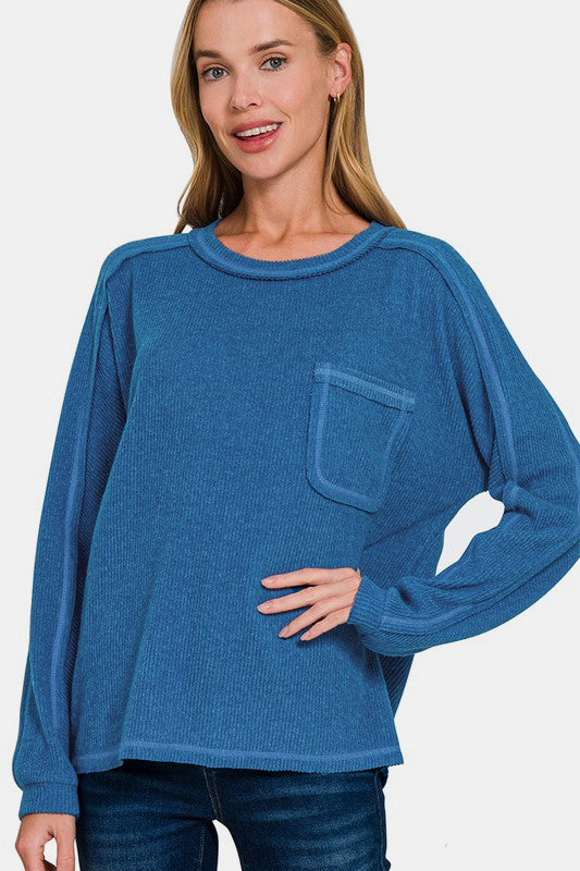 Zenana Full Size Contrast Stitching Brushed Ribbed Hacci Knit Top Plus Size-110 Long Sleeve Tops-Inspired by Justeen-Women's Clothing Boutique