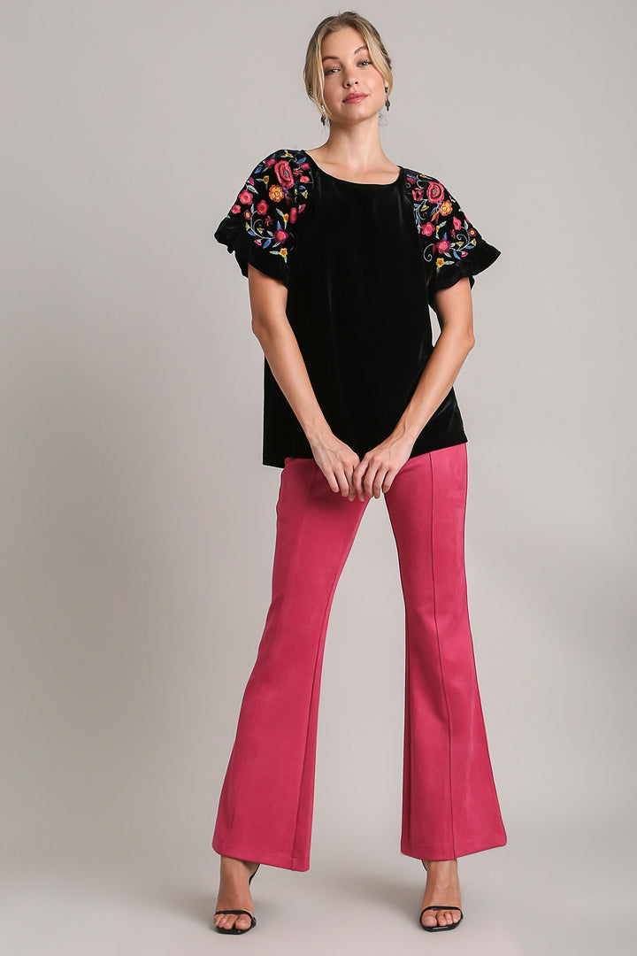 Umgee Full Size Velvet Embroidery Short Sleeve Blouse-100 Short Sleeve Tops-Inspired by Justeen-Women's Clothing Boutique