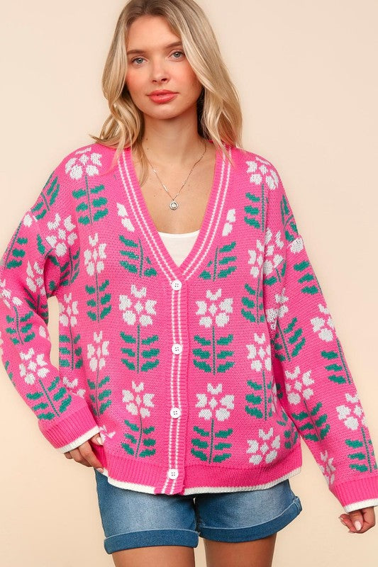 Haptics Full Size Floral Jacquard V-Neck Button Up Cardigan-Cardigans + Kimonos-Inspired by Justeen-Women's Clothing Boutique