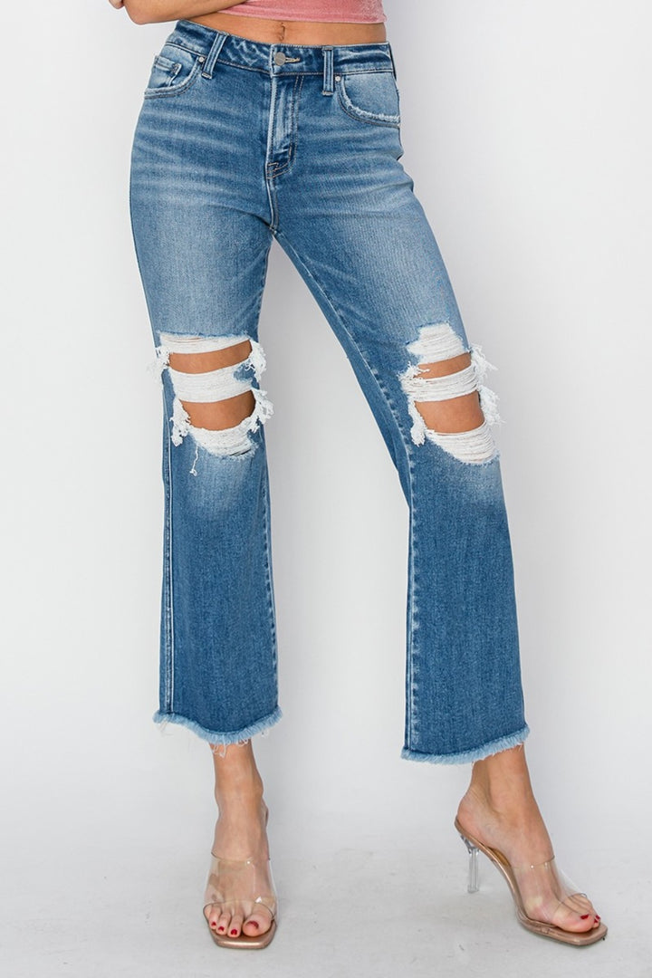 RISEN Mid Rise Distressed Cropped Flare Jeans-Denim-Inspired by Justeen-Women's Clothing Boutique in Chicago, Illinois