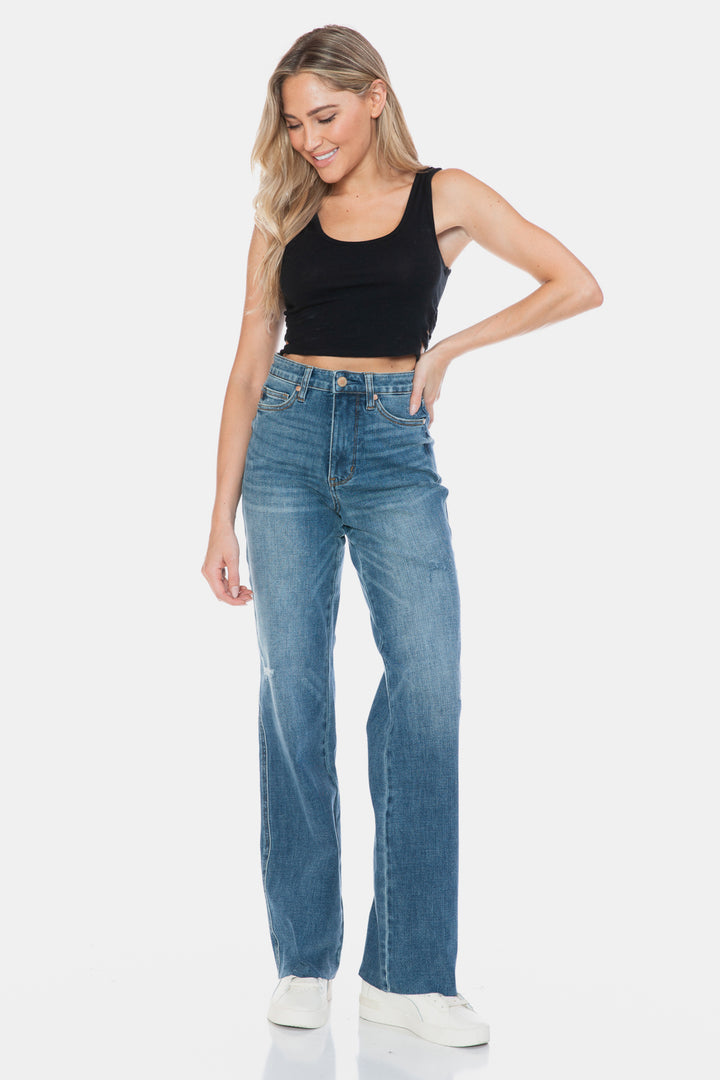 Judy Blue Full Size Tummy Control Cut Raw Hem Straight Jeans-Denim-Inspired by Justeen-Women's Clothing Boutique