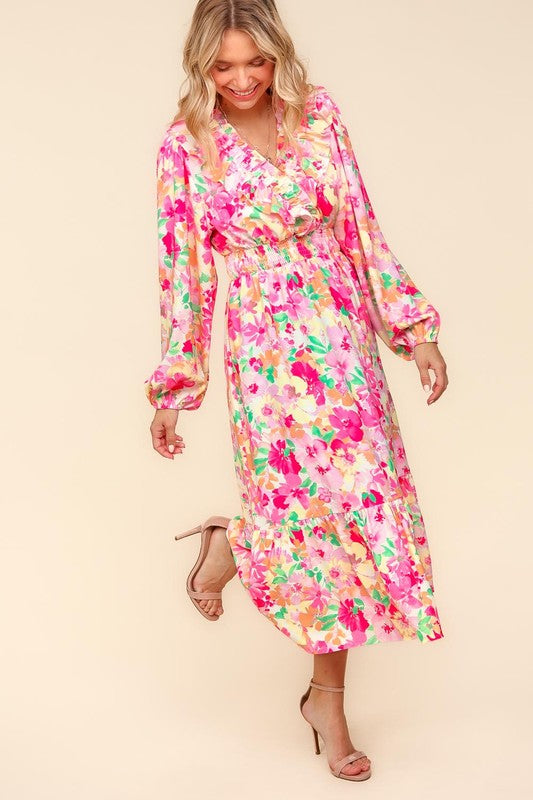 Haptics Full Size Floral Surplice Balloon Sleeve Dress with Side Pockets-Dresses-Inspired by Justeen-Women's Clothing Boutique