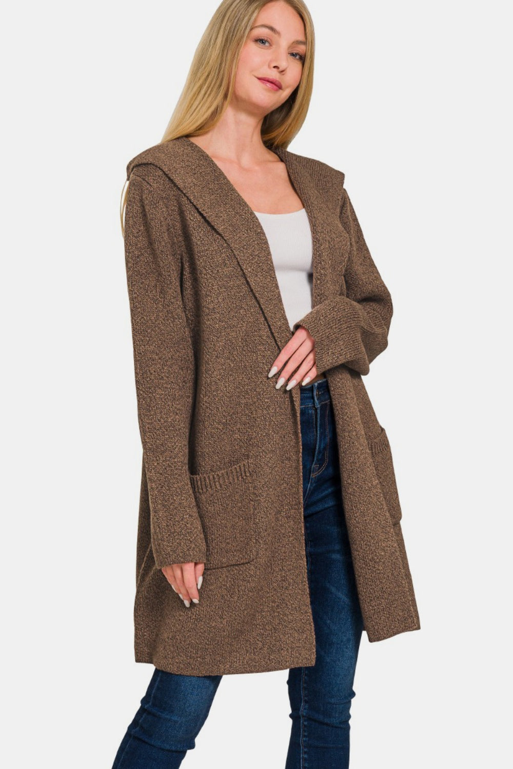 Zenana Hooded Open Front Sweater Cardigan-Cardigans + Kimonos-Inspired by Justeen-Women's Clothing Boutique