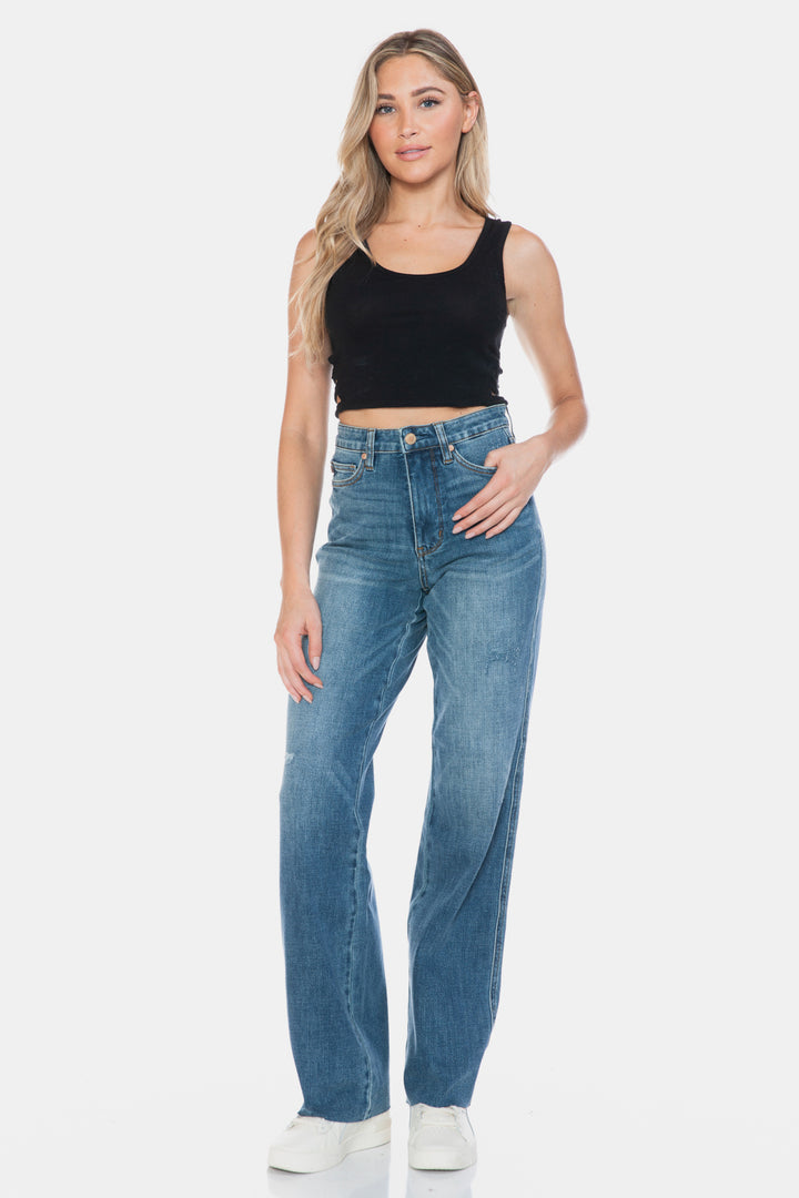 Judy Blue Full Size Tummy Control Cut Raw Hem Straight Jeans-Denim-Inspired by Justeen-Women's Clothing Boutique