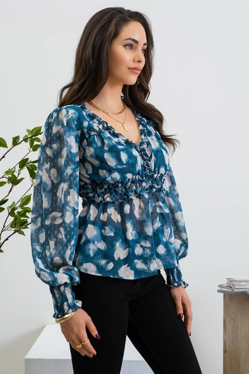 Catalina Empire Waist Top, Teal Multi-110 Long Sleeve Tops-Inspired by Justeen-Women's Clothing Boutique in Chicago, Illinois