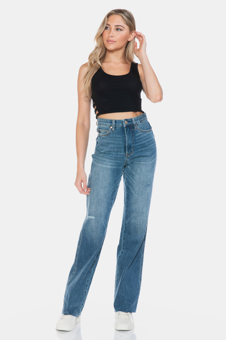 Judy Blue Full Size Tummy Control Cut Raw Hem Straight Jeans-Denim-Inspired by Justeen-Women's Clothing Boutique