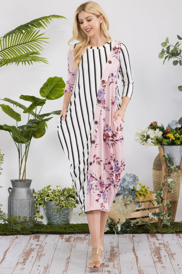 Celeste Full Size Floral Striped Contrast Midi-Dress with Pockets-Dresses-Inspired by Justeen-Women's Clothing Boutique