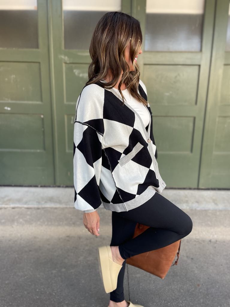 PREORDER: Contrast Trim Cardigan in Black Checkers-Womens-Inspired by Justeen-Women's Clothing Boutique