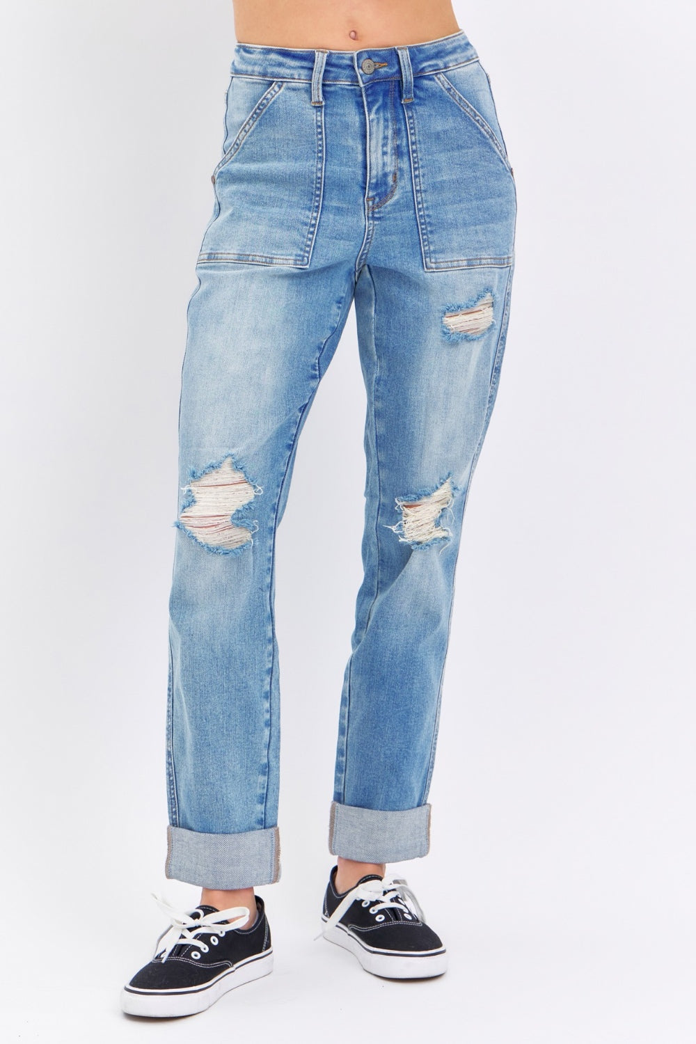 Judy Blue Full Size Distressed Straight Jeans with Patch Pockets-Denim-Inspired by Justeen-Women's Clothing Boutique