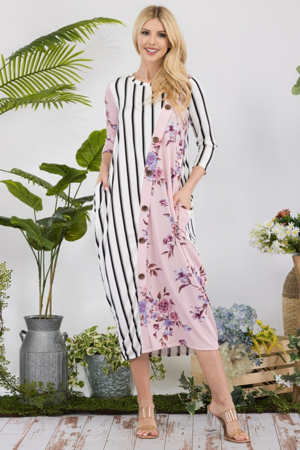 Celeste Full Size Floral Striped Contrast Midi-Dress with Pockets-Dresses-Inspired by Justeen-Women's Clothing Boutique