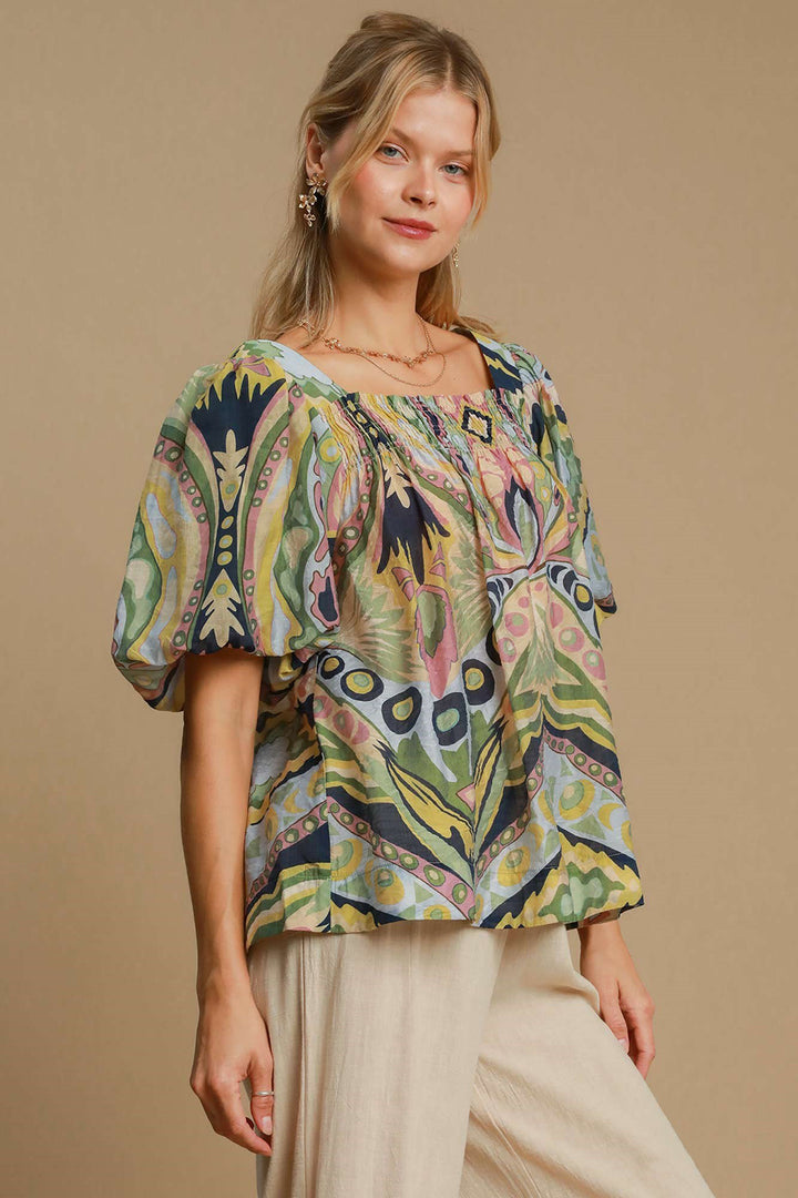 Umgee Full Size Abstract Print Smocked Square Neck Puff Sleeve Blouse-100 Short Sleeve Tops-Inspired by Justeen-Women's Clothing Boutique