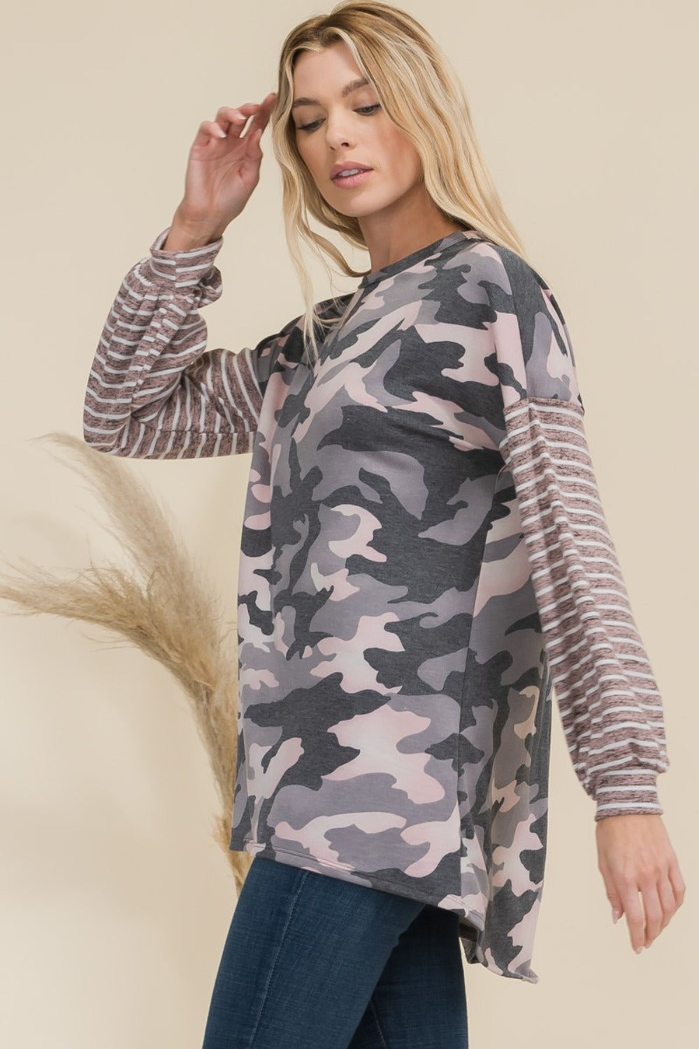 Celeste Full Size Camo Print High-Low T-Shirt with Stripe Sleeves-110 Long Sleeve Tops-Inspired by Justeen-Women's Clothing Boutique