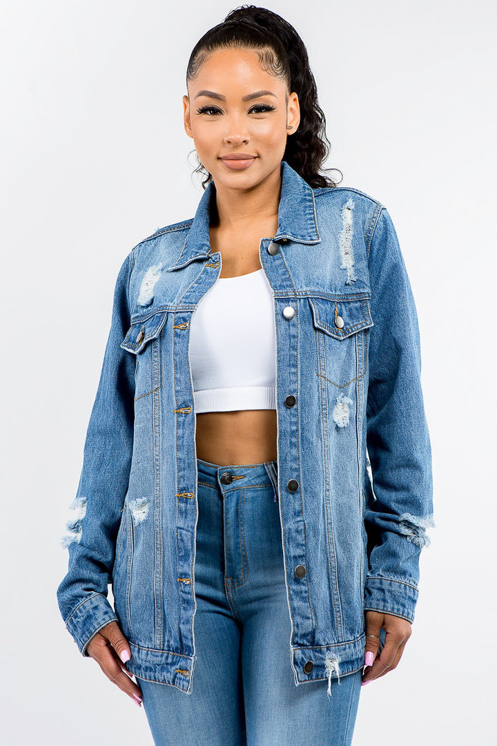 American Bazi Full Size Button Up Distressed Denim Jacket-Outerwear-Inspired by Justeen-Women's Clothing Boutique