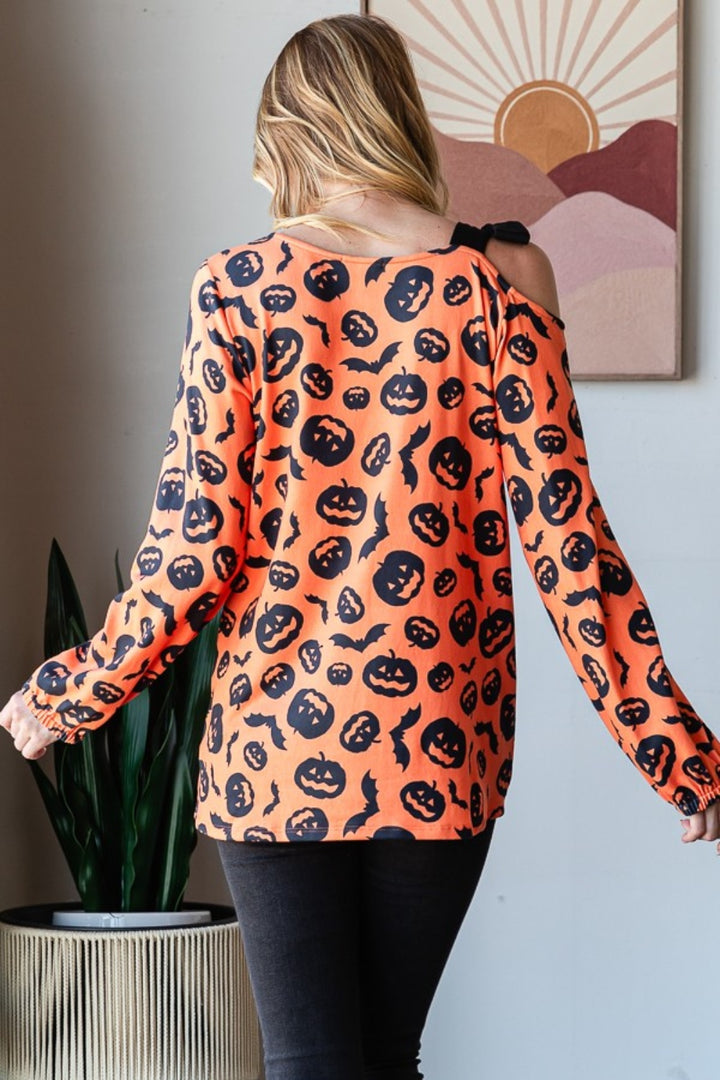 Heimish Pumpkin Print One Shoulder T-Shirt-110 Long Sleeve Tops-Inspired by Justeen-Women's Clothing Boutique