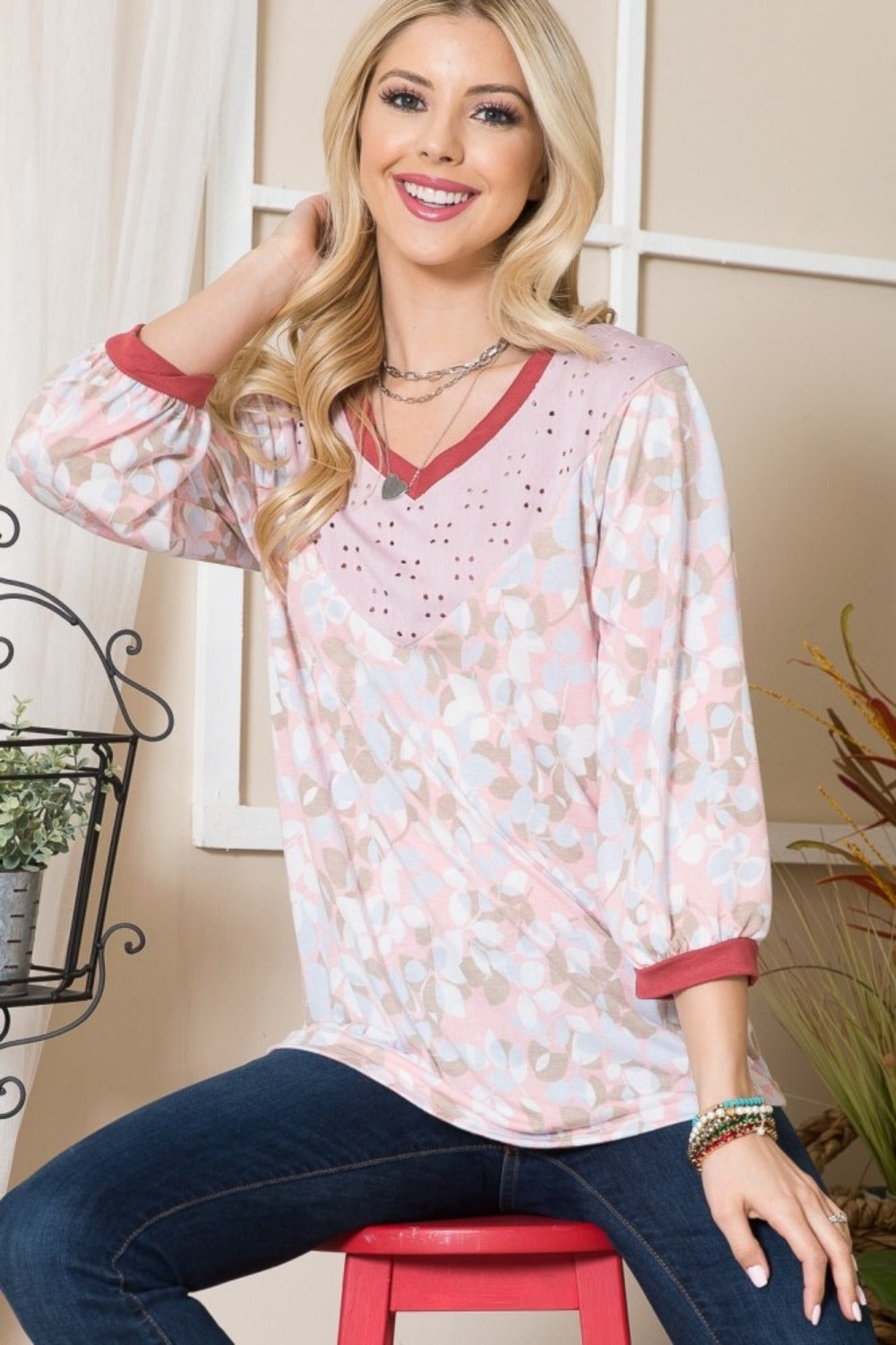 Celeste Full Size Leaf Print Contrast Trim Balloon Sleeve Top-110 Long Sleeve Tops-Inspired by Justeen-Women's Clothing Boutique