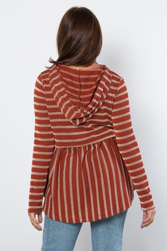 Be Stage Full Size Drawstring Striped Babydoll Hoodie-110 Long Sleeve Tops-Inspired by Justeen-Women's Clothing Boutique