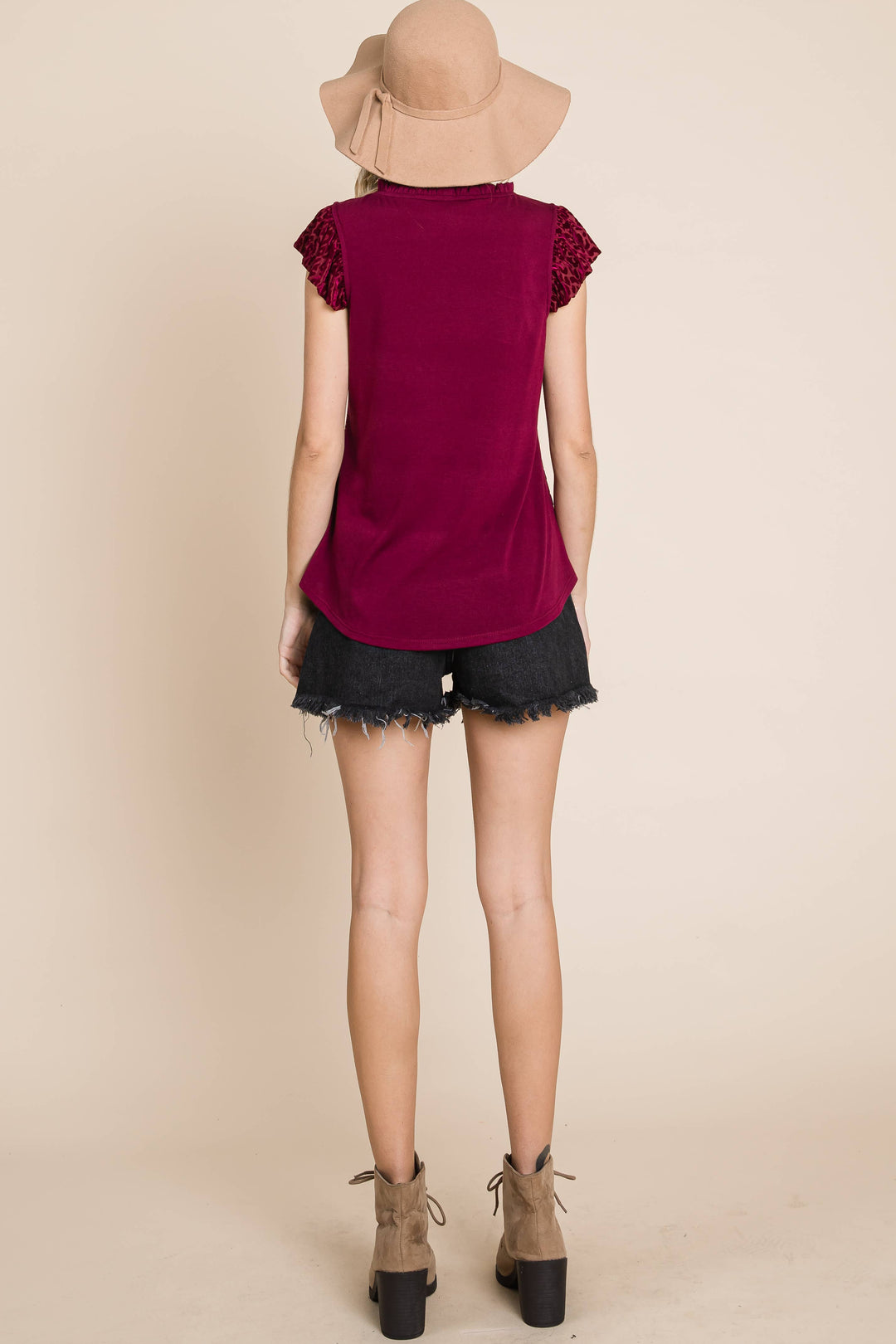 Vanessa Animal Print Velvet Mesh Top, Wine-Short Sleeve Tops-Inspired by Justeen-Women's Clothing Boutique in Chicago, Illinois