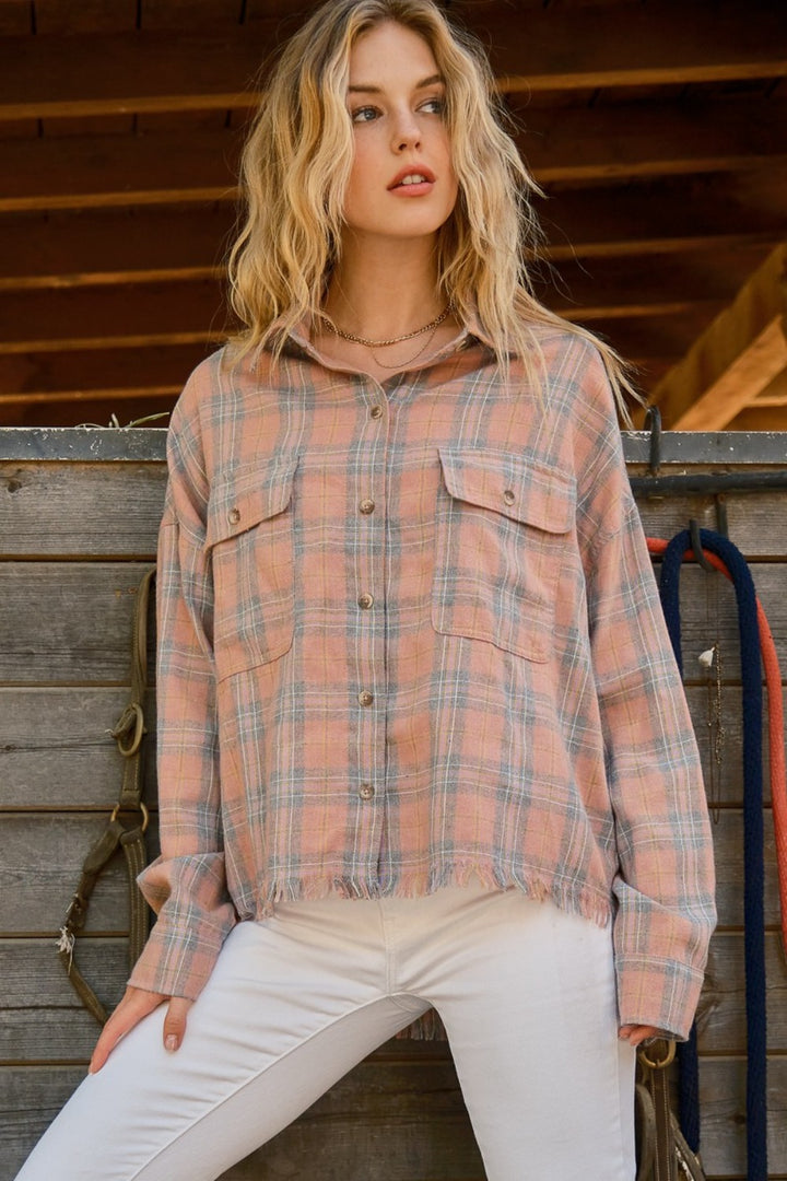 And The Why Full Size Plaid Button Up Raw Hem Shirt-Outerwear-Inspired by Justeen-Women's Clothing Boutique