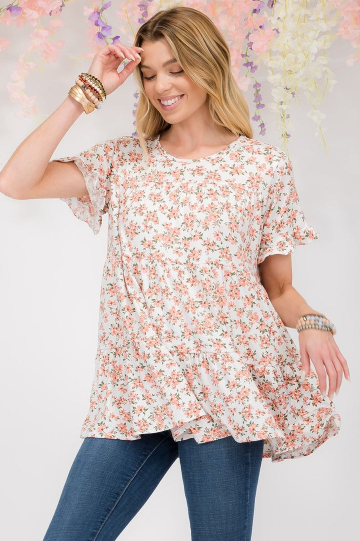 Celeste Full Size Floral Ruffled Short Sleeve Blouse-100 Short Sleeve Tops-Inspired by Justeen-Women's Clothing Boutique