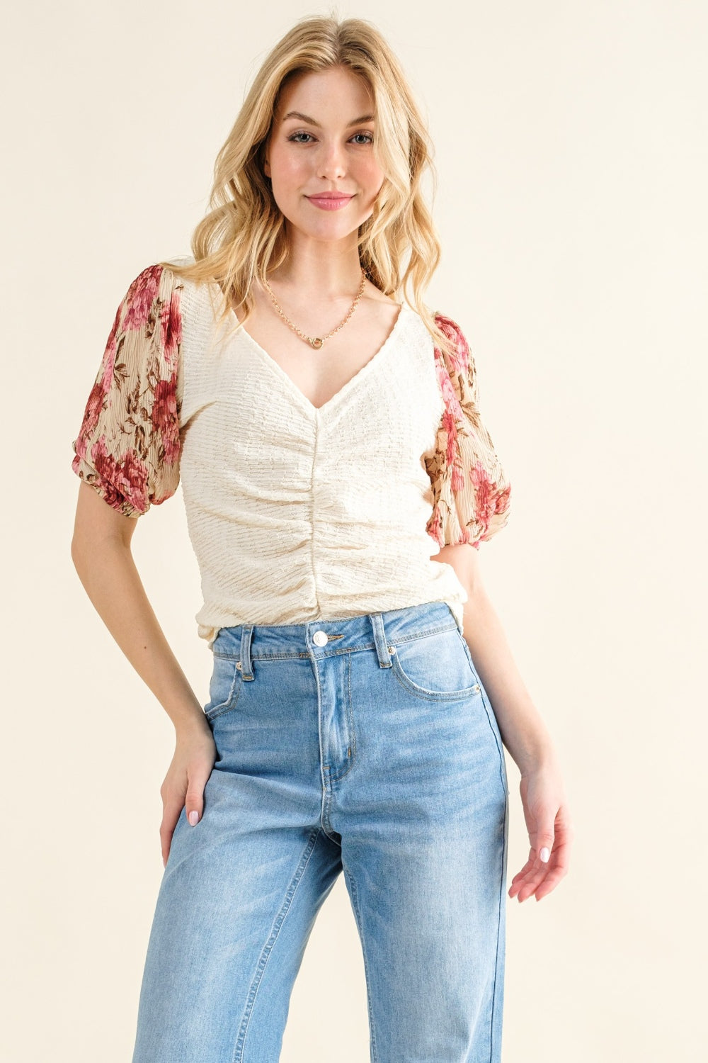 And The Why Full Size Floral Print Textured Sleeve Knit Top-100 Short Sleeve Tops-Inspired by Justeen-Women's Clothing Boutique