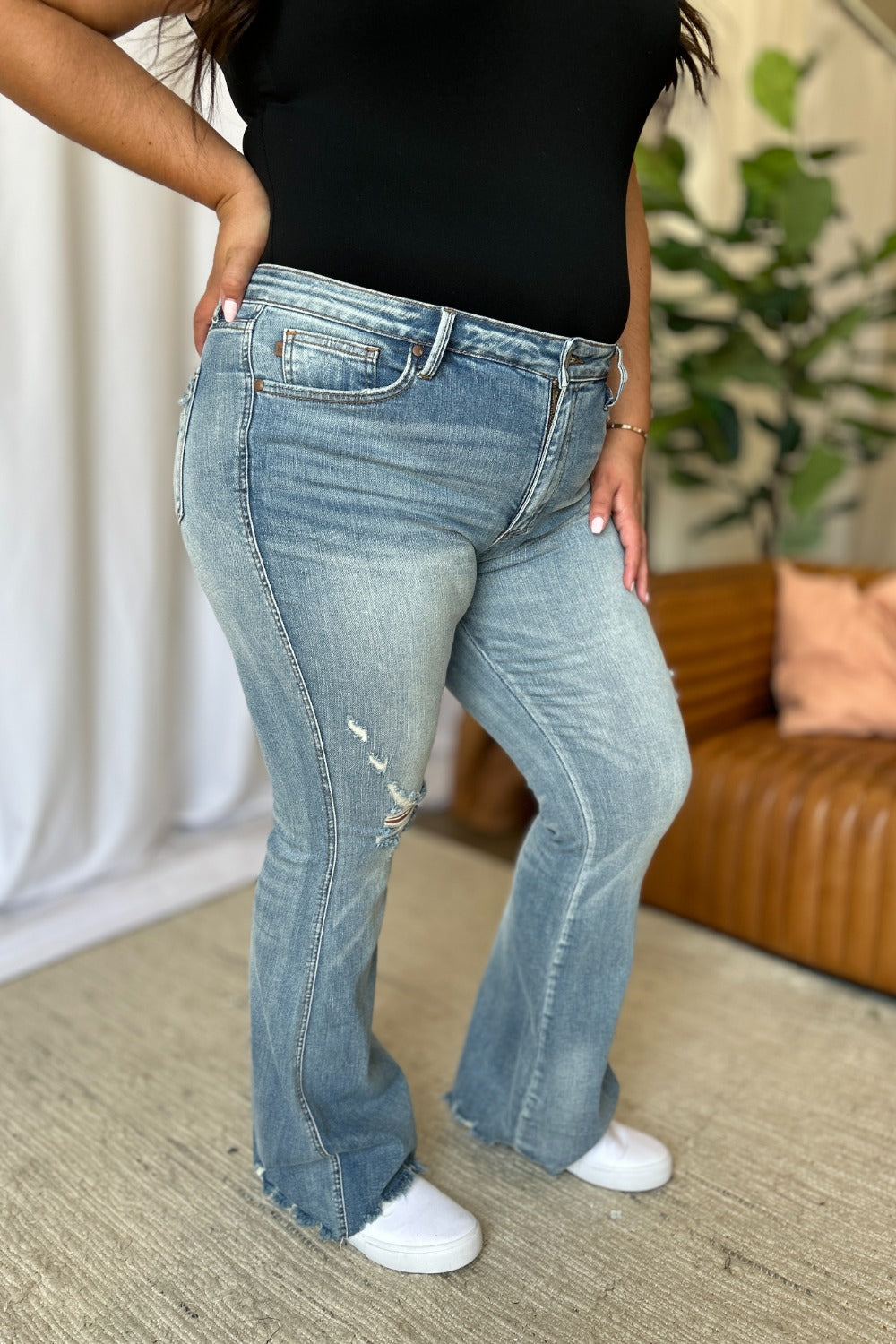 Judy Blue Full Size Medium Rise Tummy Control Destroy Flare-Denim-Inspired by Justeen-Women's Clothing Boutique