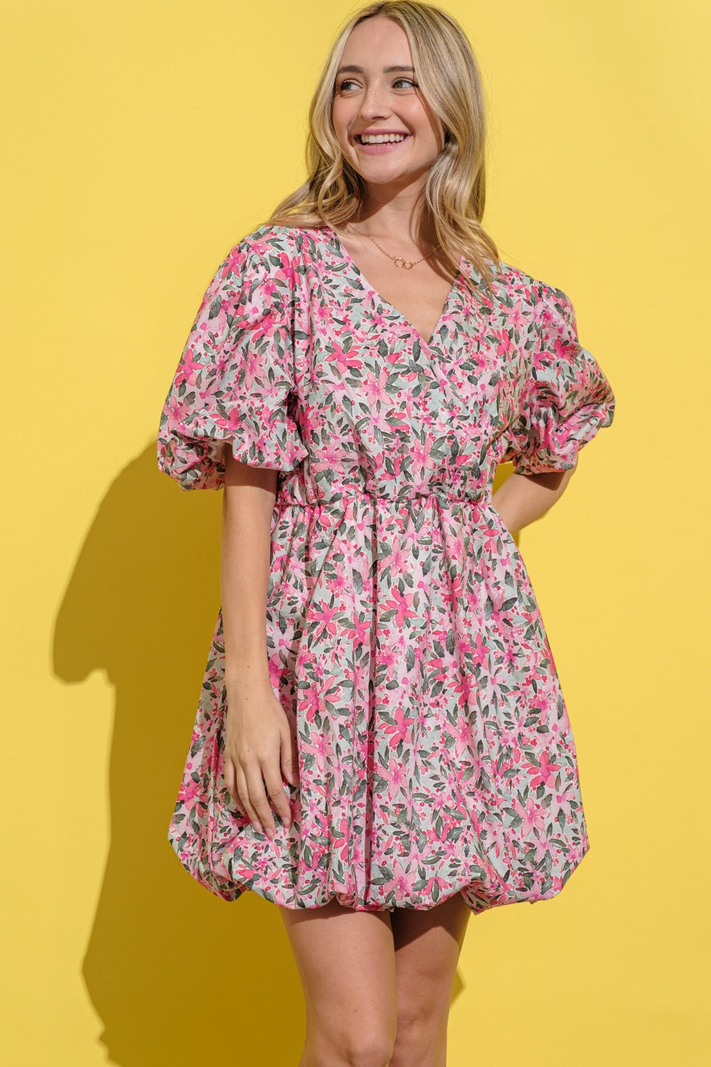 And The Why Full Size Floral Surplice Puff Sleeve Dress-Dresses-Inspired by Justeen-Women's Clothing Boutique