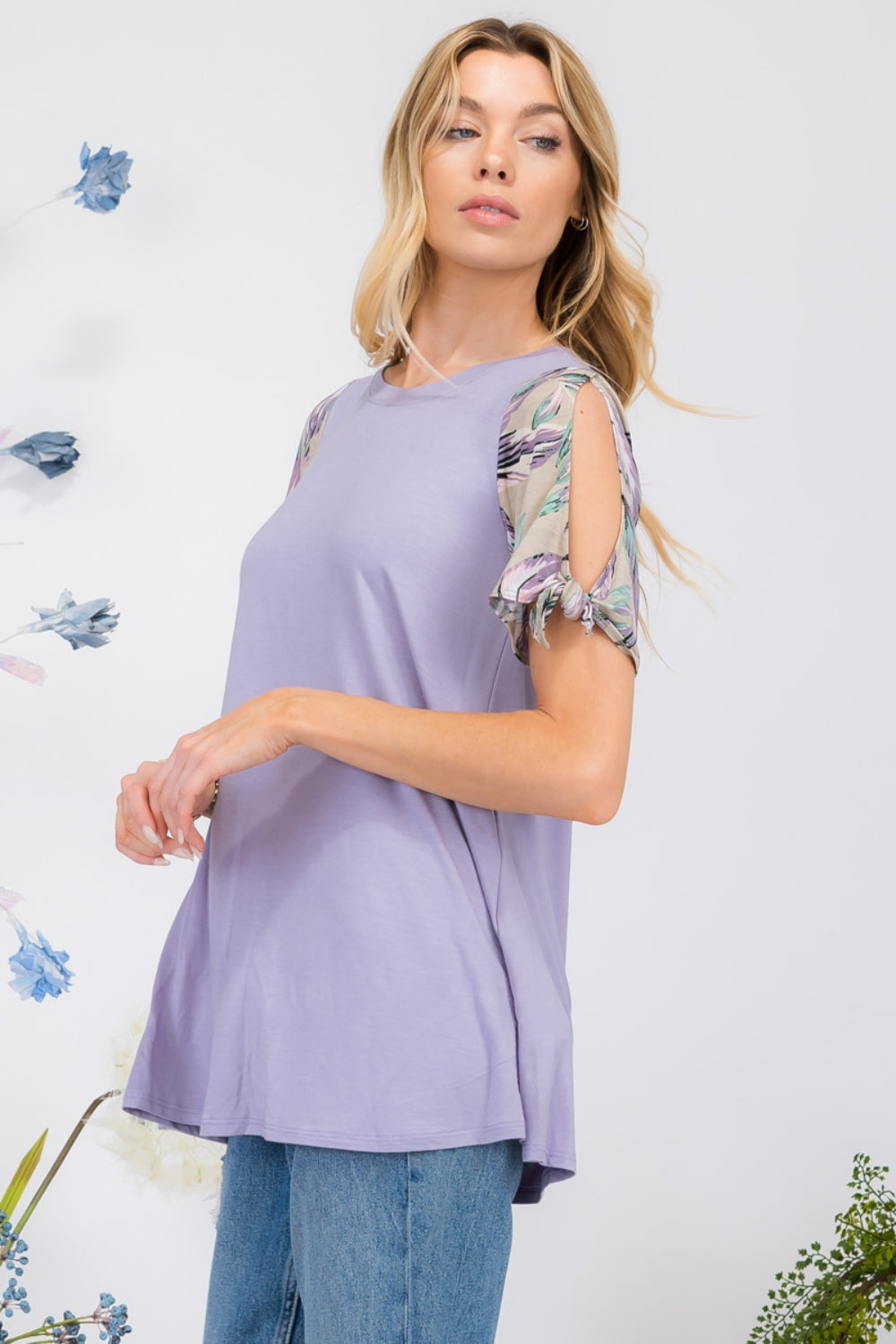 Celeste Full Size Open Tie Sleeve Round Neck Blouse-Short Sleeve Tops-Inspired by Justeen-Women's Clothing Boutique in Chicago, Illinois