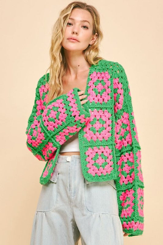 Davi & Dani Full Size Two Tone Flower Square Crochet Open Front Cardigan-Cardigans + Kimonos-Inspired by Justeen-Women's Clothing Boutique