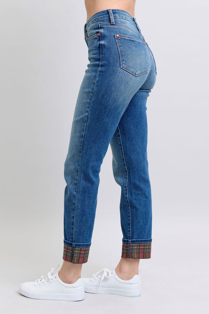 Judy Blue Full Size Plaid Print Cuff Straight Leg Jeans with Pockets-Denim-Inspired by Justeen-Women's Clothing Boutique