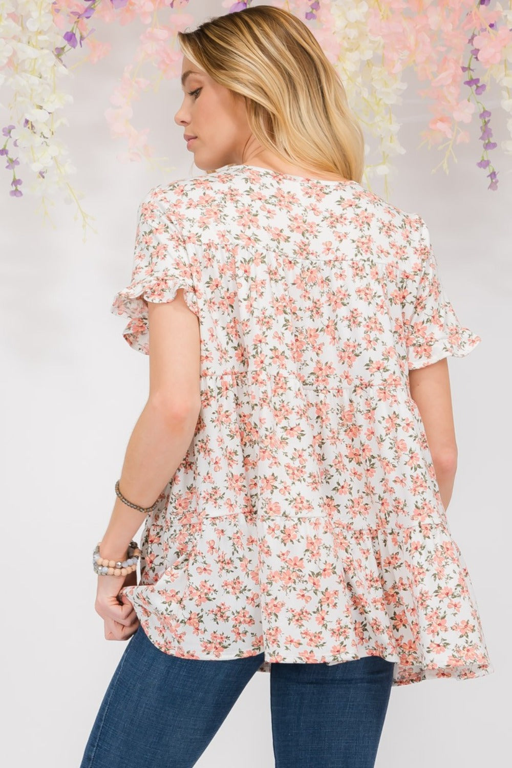 Celeste Full Size Floral Ruffled Short Sleeve Blouse-100 Short Sleeve Tops-Inspired by Justeen-Women's Clothing Boutique