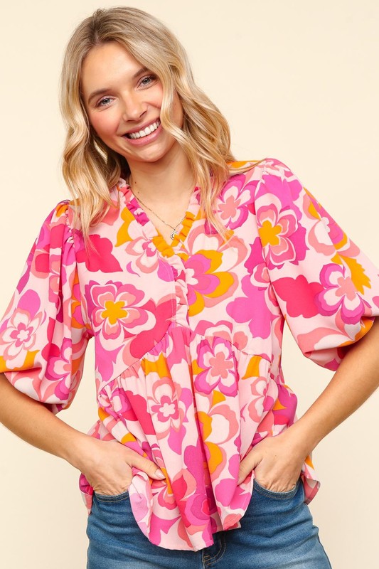 Haptics Full Size Frill Floral Puff Sleeve Blouse-100 Short Sleeve Tops-Inspired by Justeen-Women's Clothing Boutique