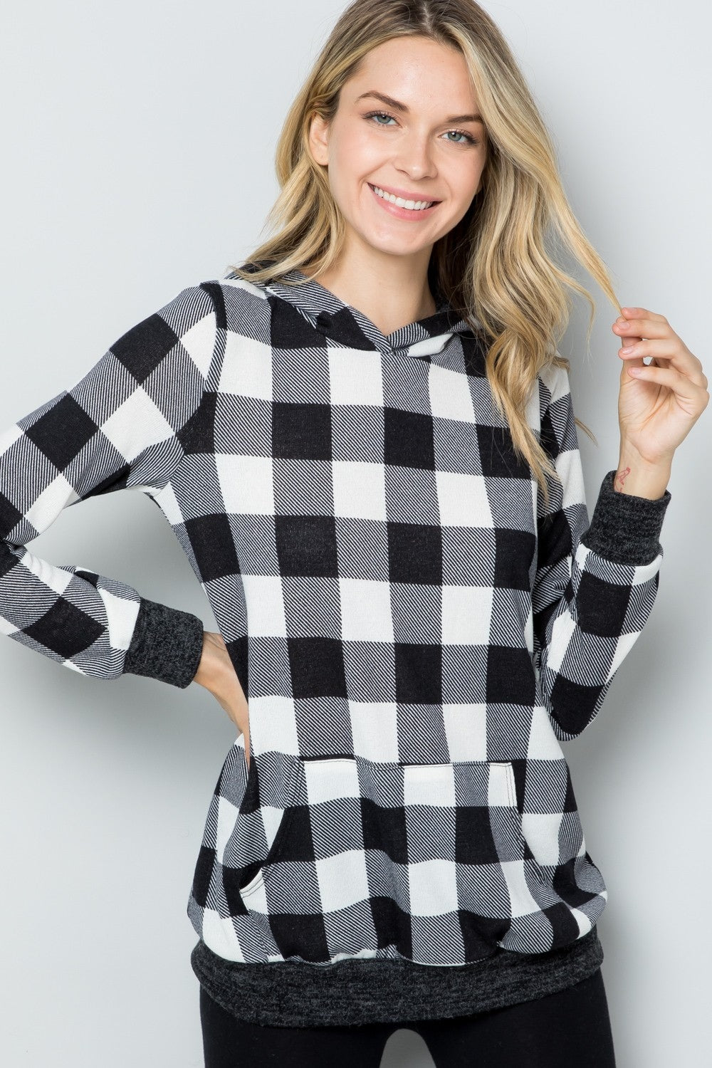 Celeste Full Size Contrast Plaid Long Sleeve Hoodie-Sweaters/Sweatshirts-Inspired by Justeen-Women's Clothing Boutique