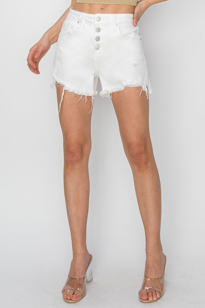 RISEN Button Fly Frayed Hem Denim Shorts-Shorts-Inspired by Justeen-Women's Clothing Boutique in Chicago, Illinois