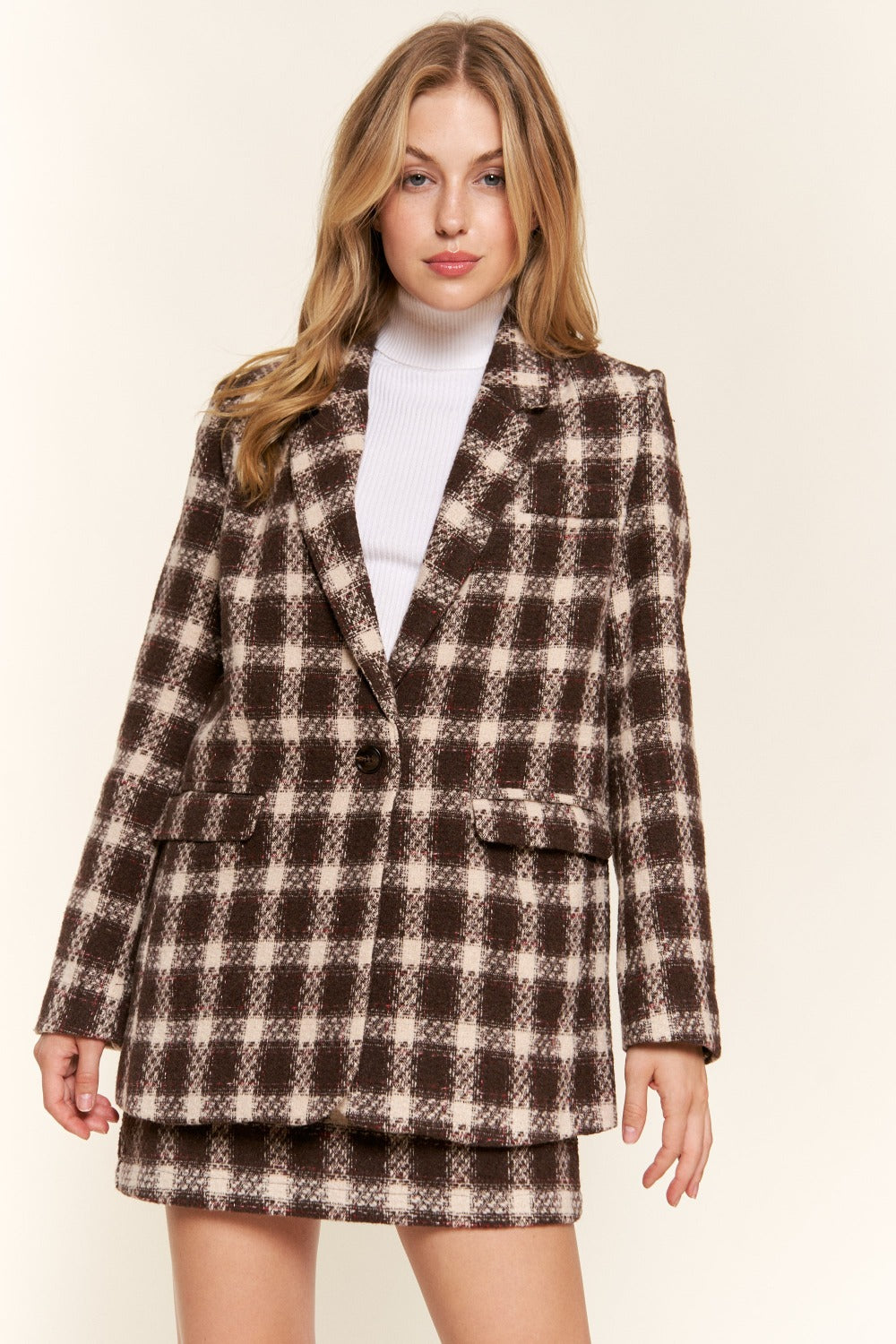 And The Why Full Size Plaid Brushed One Button Blazer-Outerwear-Inspired by Justeen-Women's Clothing Boutique