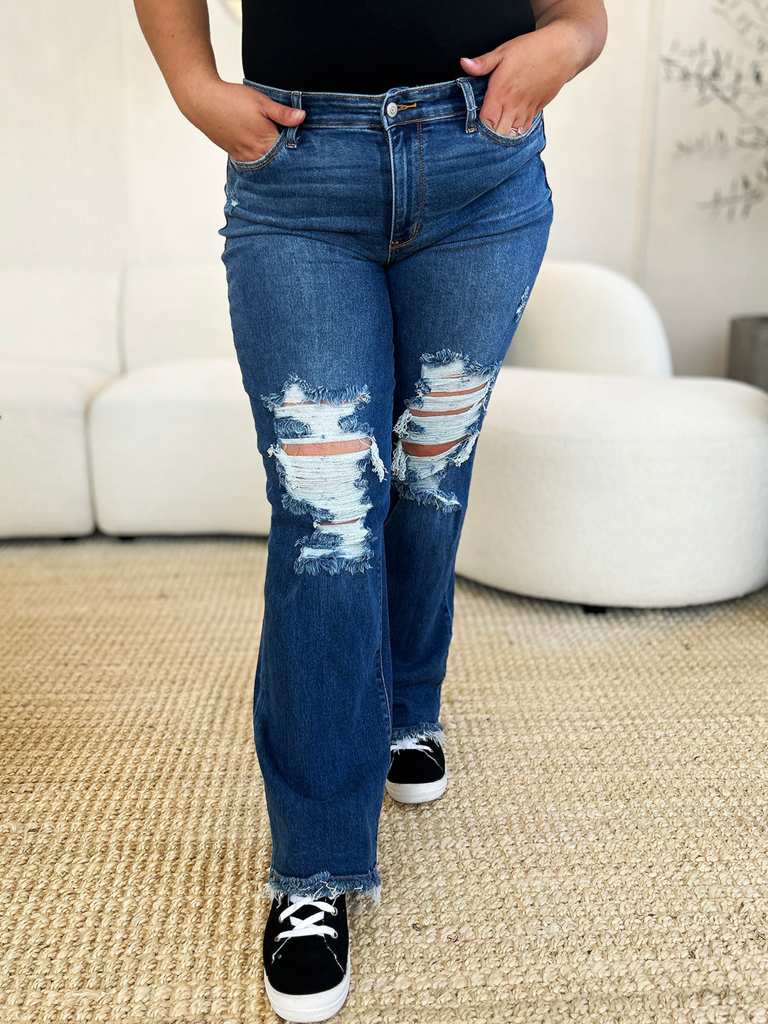 Judy Blue Full Size Mid Rise Distressed Raw Hem Jeans-Denim-Inspired by Justeen-Women's Clothing Boutique