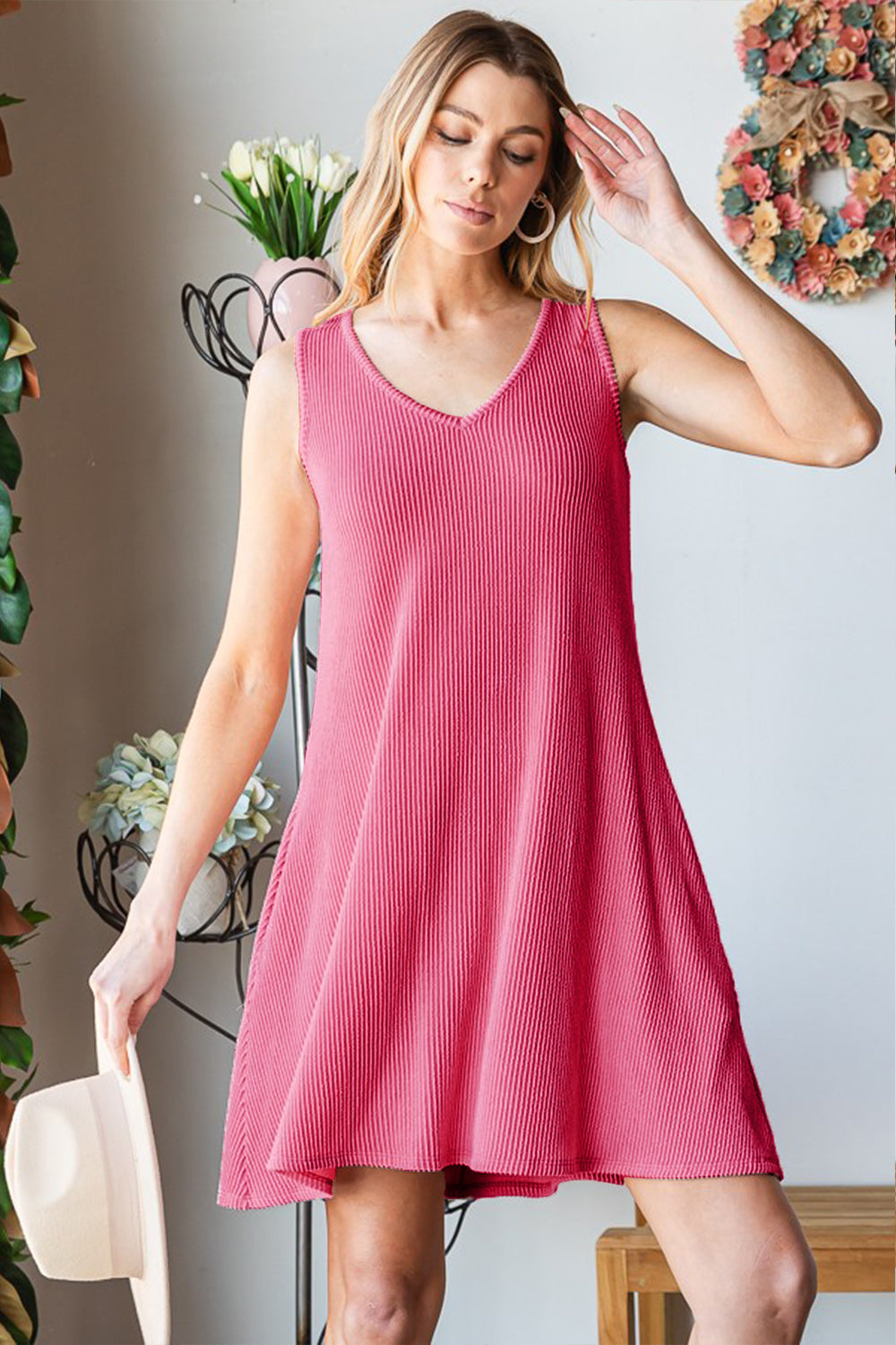 Heimish Full Size V-Neck Ribbed Mini Tank Dress-Dresses-Inspired by Justeen-Women's Clothing Boutique in Chicago, Illinois