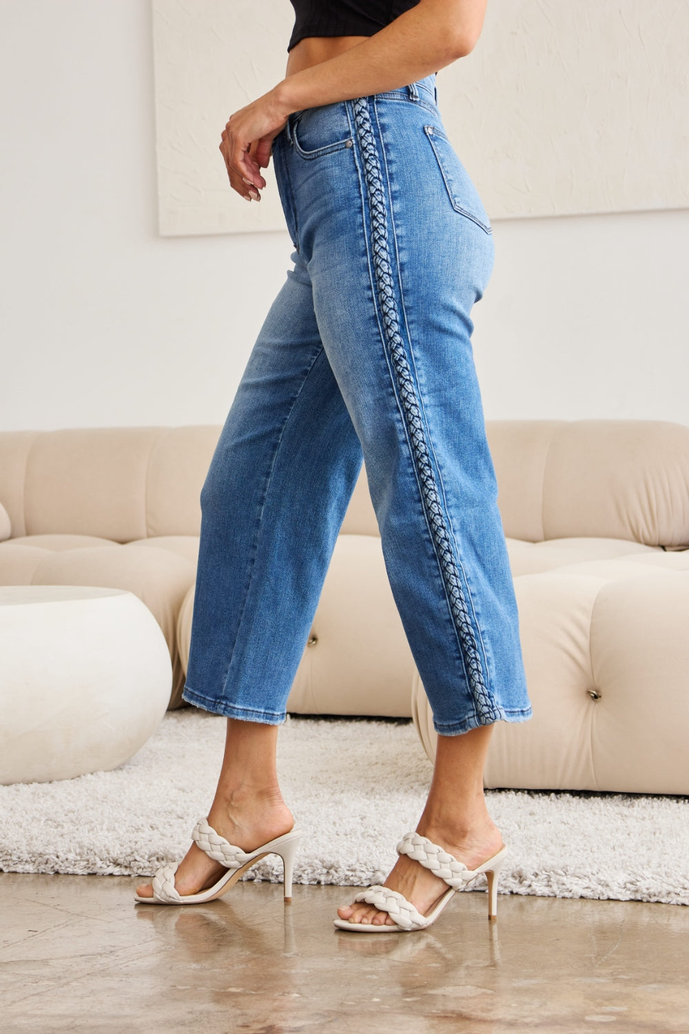Judy Blue Full Size Braid Side Detail Wide Leg Jeans-Denim-Inspired by Justeen-Women's Clothing Boutique