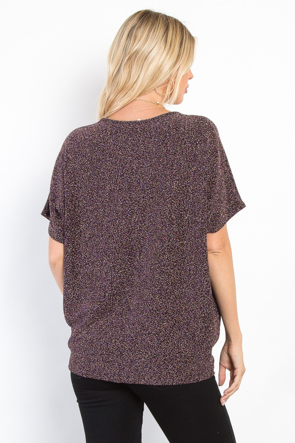 Be Stage Full Size Lurex Center Elastic Cinched Knit Top-100 Short Sleeve Tops-Inspired by Justeen-Women's Clothing Boutique