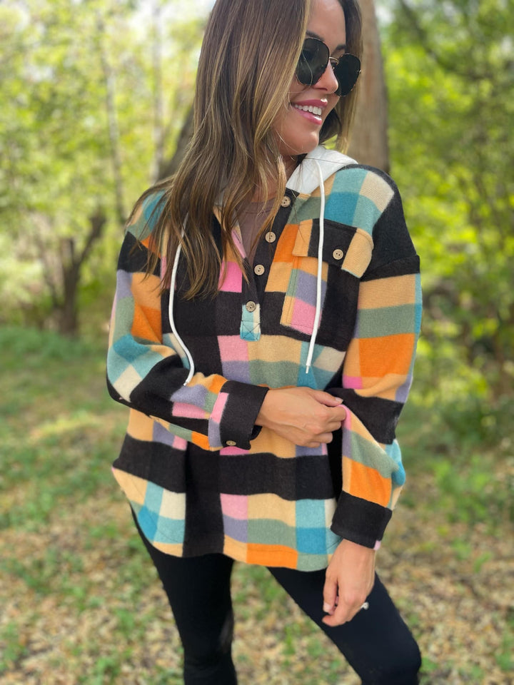 PREORDER: Rainbow Plaid Button Hoodie-Womens-Inspired by Justeen-Women's Clothing Boutique