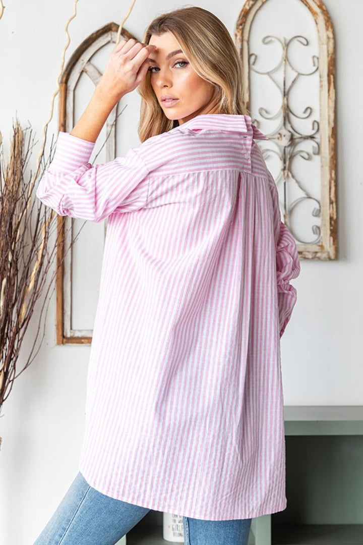 First Love Full Size Striped Button Down High-Low Hem Shirt-Long Sleeve Tops-Inspired by Justeen-Women's Clothing Boutique