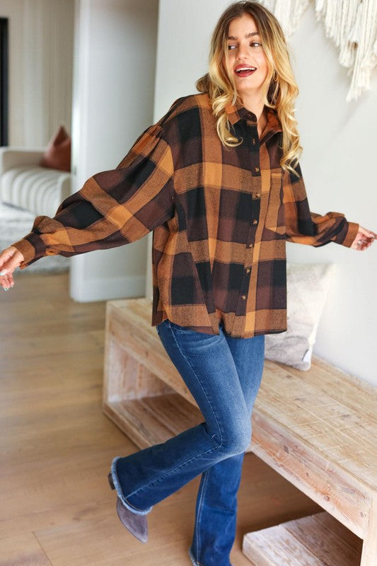 Rock'n Plaid Camel & Charcoal Button Down Oversized Shirt-Inspired by Justeen-Women's Clothing Boutique