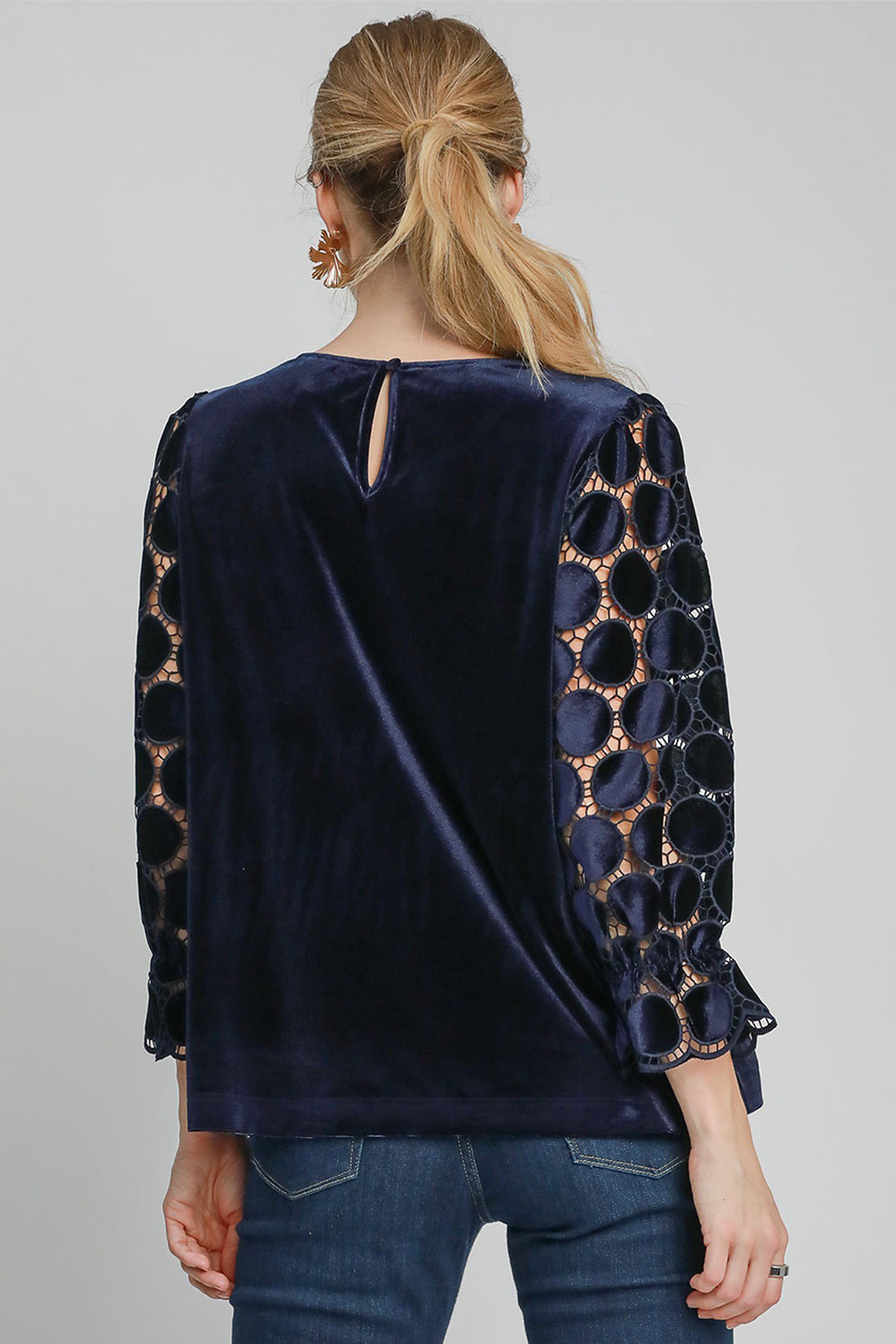 Umgee Polka Dot Lace Long Sleeve Round Neck Blouse-110 Long Sleeve Tops-Inspired by Justeen-Women's Clothing Boutique