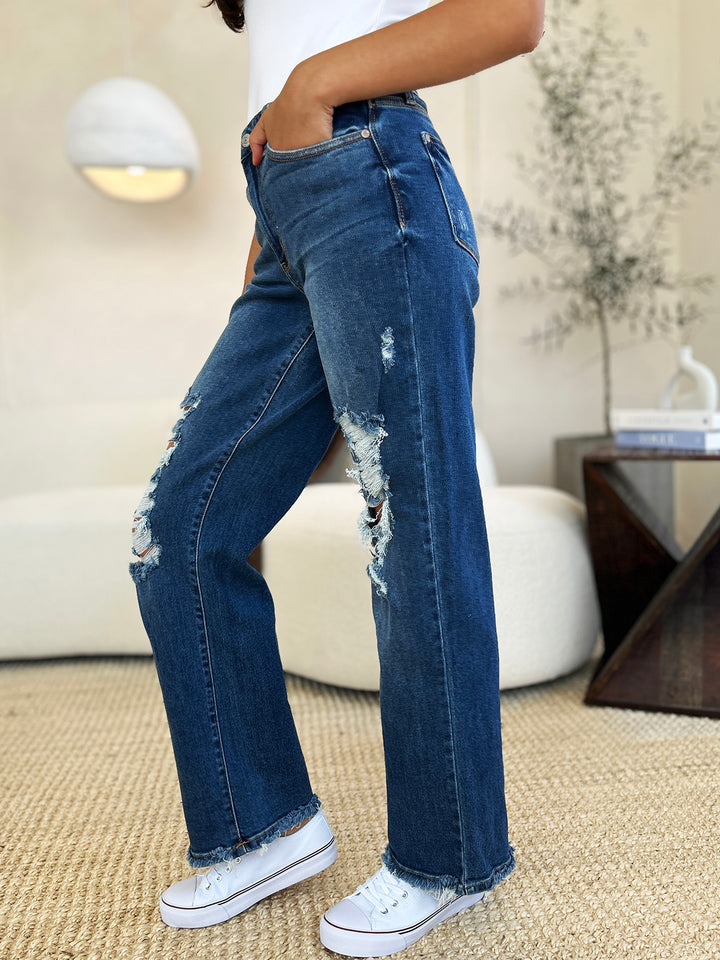 Judy Blue Full Size Mid Rise Distressed Raw Hem Jeans-Denim-Inspired by Justeen-Women's Clothing Boutique