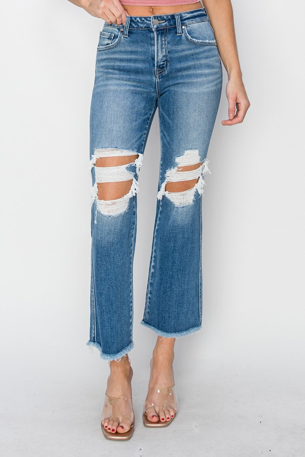 RISEN Mid Rise Distressed Cropped Flare Jeans-Denim-Inspired by Justeen-Women's Clothing Boutique in Chicago, Illinois