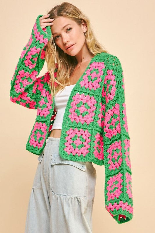 Davi & Dani Full Size Two Tone Flower Square Crochet Open Front Cardigan-Cardigans + Kimonos-Inspired by Justeen-Women's Clothing Boutique