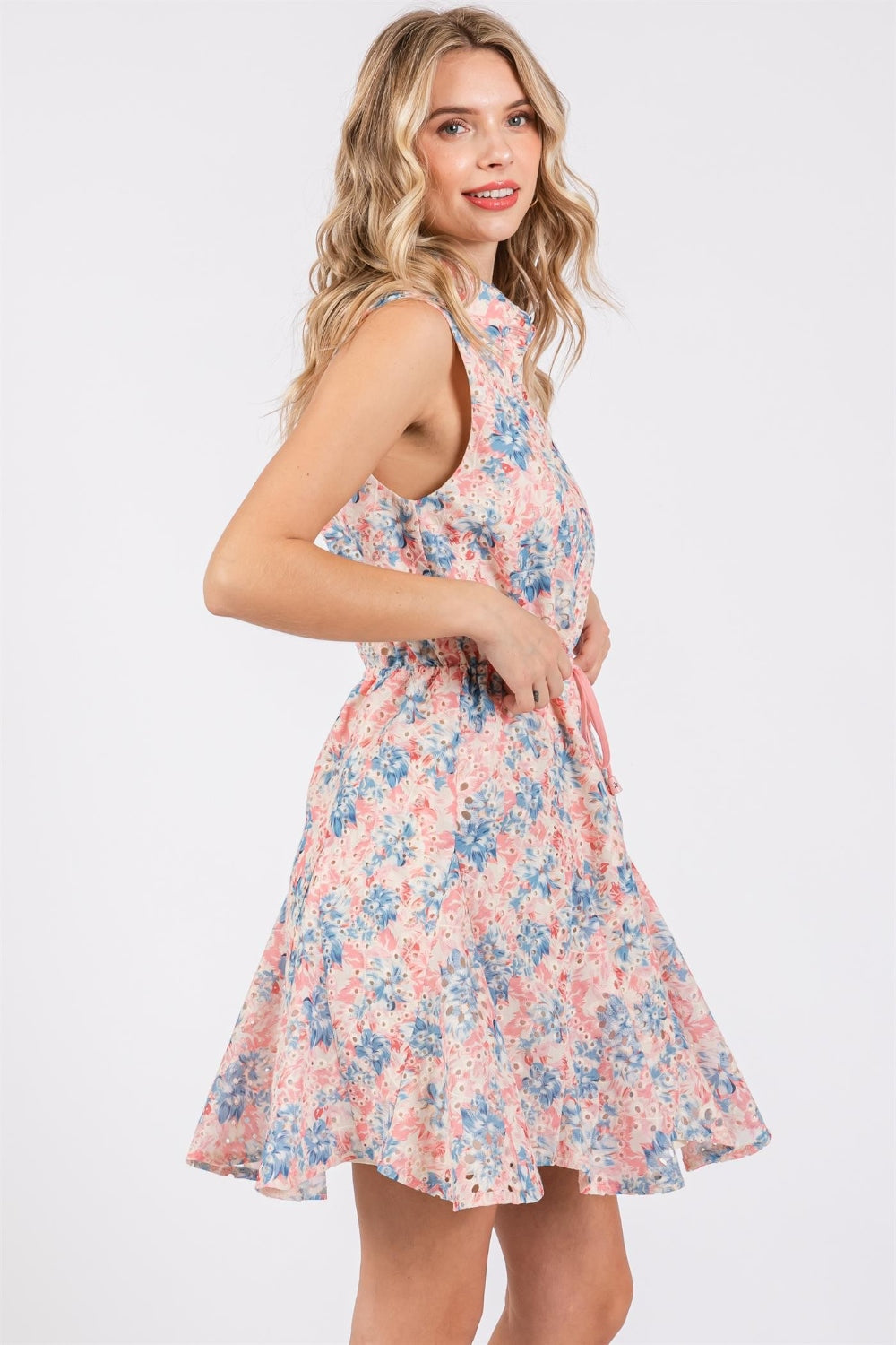 GeeGee Full Size Floral Eyelet Sleeveless Mini Dress-Dresses-Inspired by Justeen-Women's Clothing Boutique in Chicago, Illinois