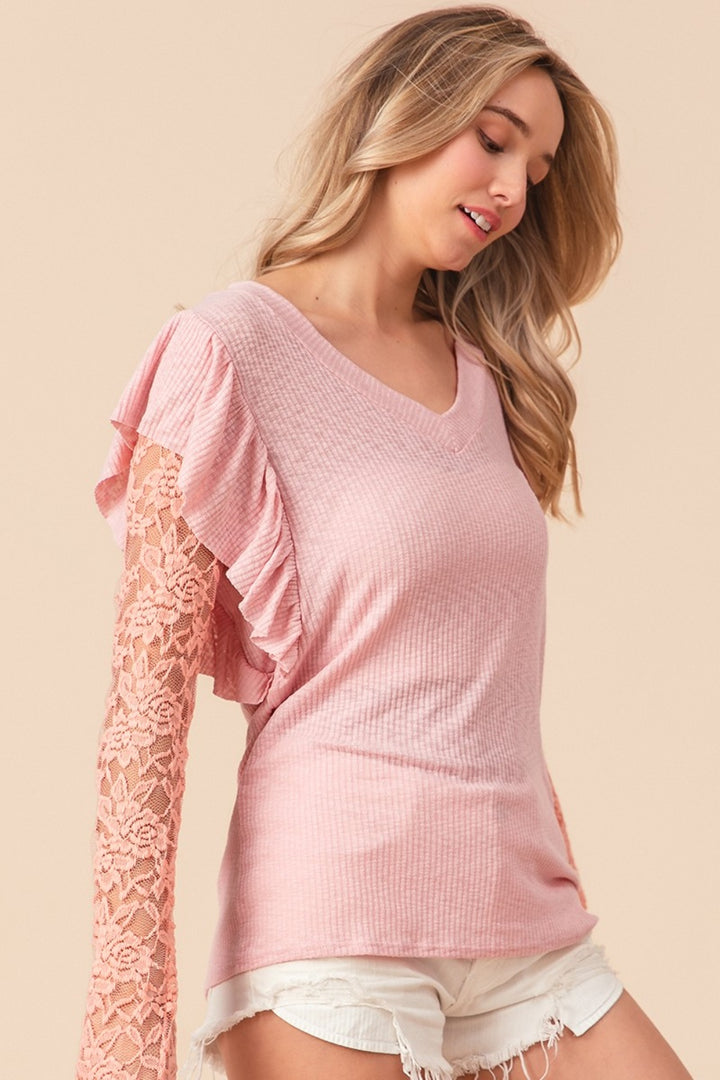 BiBi Ruffled Lace Sleeve Rib Knit Top-110 Long Sleeve Tops-Inspired by Justeen-Women's Clothing Boutique in Chicago, Illinois